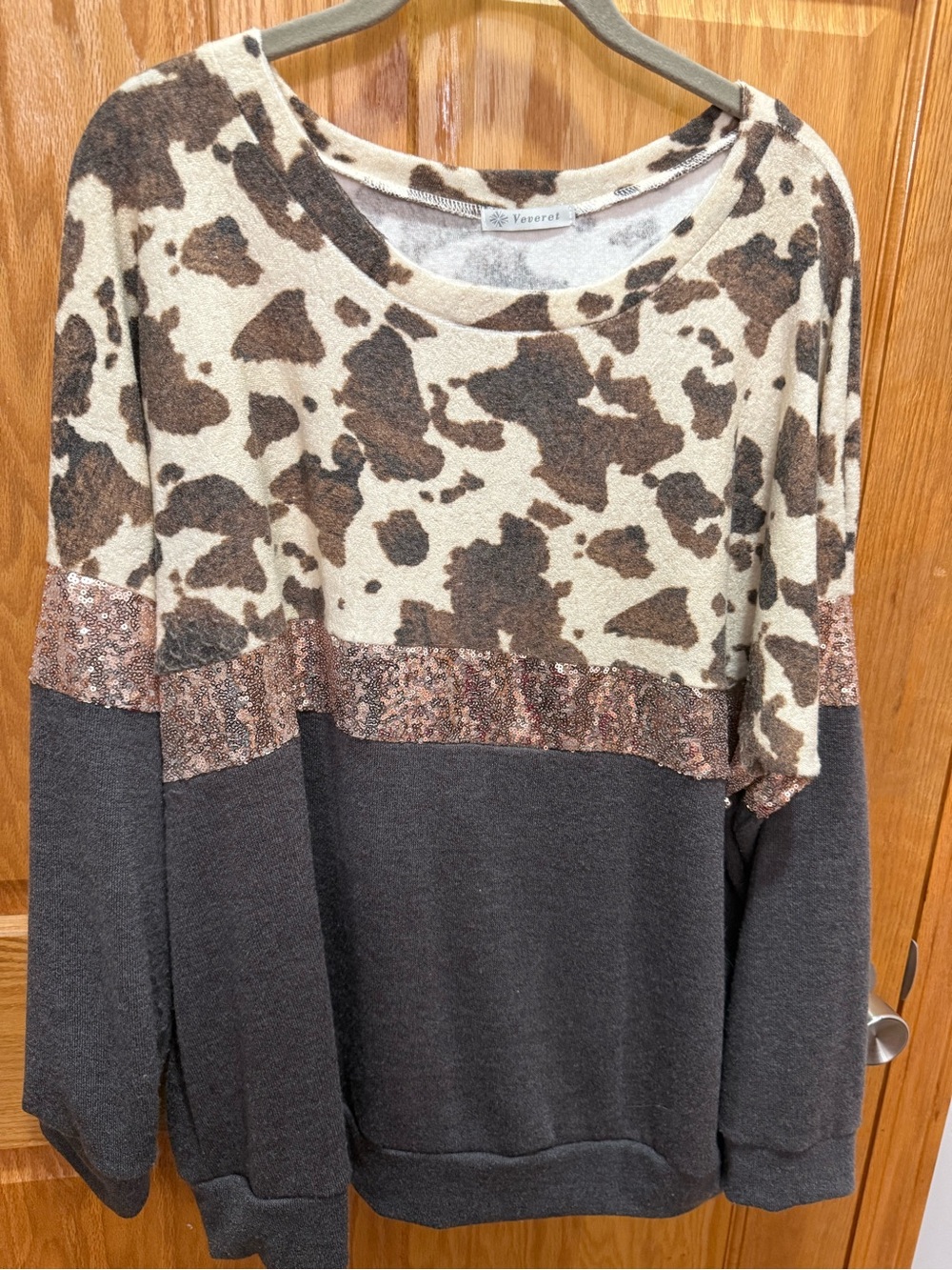 Vesperal Cowprint Colorblock Pullover Sweatshirt - Brown/Cream